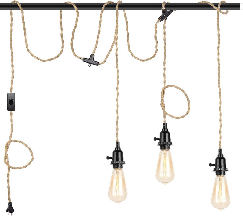 KENMI 3-Light Hanging Light with Plug in Cord,Plug in Pendant Light 22ft Hemp Rope Pendant Lighting Vintage 3-Light Hanging Lamp Fixtures for Kitchen Island Living Room Bedroom - Image 1